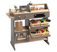 howa Negozio giocattolo in legno con 40 accessori 14755 | Negozio giocattolo per bambini con 40 accessori,registratore di cassa giocattolo con lettore di carte, naturale/tortora