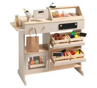 howa Negozio in legno - Negozio giocattolo con accessori per negozio da 40 pezzi, registratore di cassa con lettore di carte giocattolo, lavagna, vetrina, naturale - beige 47559