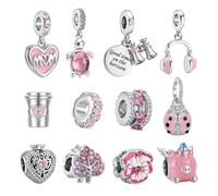 HOWAB Charm per Pandora Regalo Donna: 12 Pezzi Charme Argento e Rosa, Ciondolo con Motivi di Tartaruga, Cuore e MOM, Ciondoli per DIY Bracciale e Gioielli, Regalo per Mamma, Amica