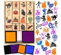 HOWAF 16pcs Halloween Timbri per Bambini Pittura con Tampone di Inchiostro 4pcs, Zucca Fantasma Teschio Pipistrello Ragno Timbri in Legno per Bambini Halloween Mestieri Fai-da-Te Scrapbooking