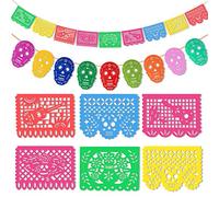 HOWAF 2 Pezzi di plastica Papel Picado Banner Fiesta Messicano Bandierine Dia De Los Muertos Banner Halloween Bandiere per Decorazioni Cinco De Mayo Forniture per Feste Messicano