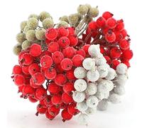 HOWAF 240 Pezzi 12 mm Artificiale Bacche di Agrifoglio Decorazioni Albero di Natale Decorazioni Natale Albero Ancora Ciondolo Mestiere Fiore Corona Fai da Te, Rosso, Oro e Argento
