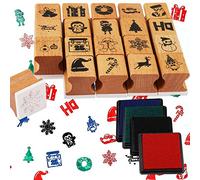 HOWAF 24pcs Wooden Christmas Stamps with Ink Pad for Kids Crafting Card Making Painting, Christmas Stamps for Children DIY Scrapbooks Wrapping Paper Gift Christmas Party Bag Fillers Favor