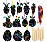HOWAF 36 Pezzi Uova di Pasqua Scratch Art Pasqua Decorazioni Fai da Te per Bambini, con Penne di bambù e Nastro da Appendere, Regalo di Pasqua Bambini