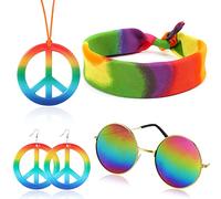 HOWAF 4 Pezzi Hippie Costume Set, Occhiali da Sole Arcobaleno Orecchini con Segno di Pace e Collane Fascia per Hippie Set Accessori per Feste Anni '60 '70 Donne Uomo Festa a Tema Costume Carnevale