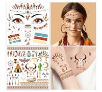 HOWAF 4 Pezzi Tatuaggi Halloween Viso, Adesivi Viso Indiano Tatuaggi Temporanei per Costume Indiano, Costume Halloween