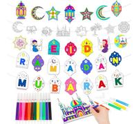 HOWAF 5 striscioni da colorare Eid Mubarak Ramadan Mubarak con 24 penne a vernice, striscione da colorare Ramadan Kareem Moon Star Castle, Eid Holiday Party Favors Coloring Banner da appendere