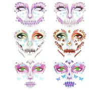 HOWAF 6 Brillantini Viso Halloween, Brillantini Adesivi Strass Adesivi Tatuaggi Halloween Viso Cranio Farfalla Dia de Los Muertos Glitter viso per Dia de Los Muertos Costume halloween Decorazioni, C