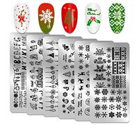 HOWAF 6 Set di Stamping Nail Art Timbro per Unghie Template Stencil Albero di Natale Babbo Natale Fiocco di Neve Stampino French Manicure Decorazioni Stampini