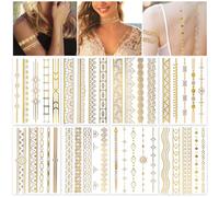 HOWAF 8 Fogli Metallici Lucidi Tatuaggi Temporanei Kit Per Donne, Glitter Oro Flash Tattoo Mandala Party Tatuaggi Temporanei Adesivi per Donne Ragazze Adulti Mano Dito Halloween Festival Party