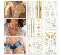 HOWAF 8 Fogli Oro Tatuaggi Temporanei Metallici, Oro Tatuaggi temporanei di carta Festival Tattoo Stickers Flash Fake Tattoo Kit impermeabile tatuaggi temporanei
