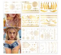 HOWAF 9 Fogli Oro Tatuaggi Temporanei Metallici, Glitter Oro Flash Tattoo Mandala Party Tatuaggi Temporanei Tatuaggi temporanei impermeabili per donne ragazze Body Art