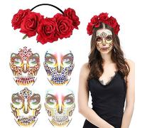 HOWAF Cerchietto per capelli con rose floreali e corona con 4 adesivi per il viso di Halloween, per costume da donna per il giorno dei morti