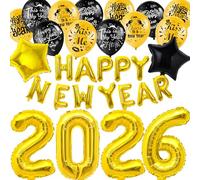 HOWAF Decorazioni Capodanno 2026 Kit, Happy New Year Palloncini Striscione Nero Oro Capodanno Palloncini in Lattice, Stella Foil Palloncini Numeri 2026 Gigante per addobbi capodanno 2026