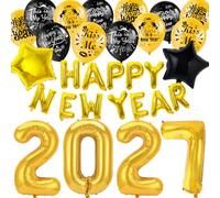 HOWAF Decorazioni Capodanno 2027 Kit, Happy New Year Palloncini Striscione Nero Oro Capodanno Palloncini in Lattice, Stella Foil Palloncini Numeri 2027 Gigante per addobbi capodanno 2027