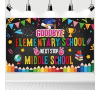 HOWAF Goodbye Elementary School Next Stop Banner per scuola media, sfondo di quinta elementare per decorazione per feste di laurea primaria, classe 2025 Congratulazioni Grad Photo Booth Banner