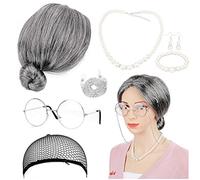 HOWAF Grigia Parrucca Nonna Vecchia Signora Accessorio Nonna Oma Granny Nonna Grigio Parrucca Travestimento Occhiali Nonna Madea, Cinturino Catene Occhiali, Gioielli di Perle