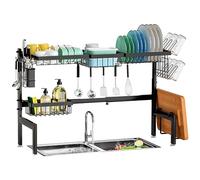 HOWDIA XILIDIA - Scolapiatti da mettere sopra il lavello, espandibile a 2 ripiani, in acciaio inox, con porta utensili, scolapiatti per bancone della cucina (nero)