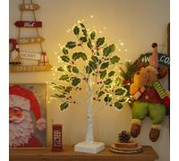 Howeifull Albero luminoso a LED per interni, con timer, 72 LED bianchi caldi, foglie verdi, bacche rosse, albero decorativo per Natale, primavera, alimentato tramite USB/batteria (60 cm/2 piedi)