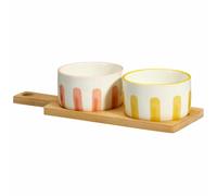 HowHomely Set da portata con vassoio, 2 ciotole in gres porcellanato e bambù, con vassoio moderno per salse, snack, olive