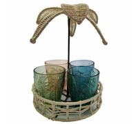 HowHomely Set di 4 bicchieri per bevande, con supporto in rattan, 300 ml, set di bicchieri in vetro trasparente Boho