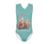 Howilath Costume da bagno per bambine e bambine, un pezzo, estivo, per spiaggia, nuoto, morbido, con delfini, cavalli, bradipo floreale, Design con cuori e lontre, 9-10 Anni