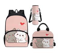 Howilath Set di 3 zaini per la scuola e portapranzo a forma di gatto, con borsa per il pranzo e porta bottiglia d'acqua, per bambini dagli 8 ai 10 anni