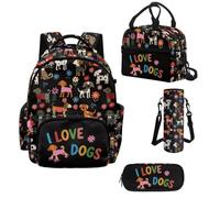 Howilath Set di 4 zaini per ragazze da 43 cm, grazioso zaino per la scuola per ragazze con set per il pranzo, borsa per libri elementari per bambini, I Love Dogs - Cane floreale, L, Classico