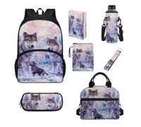 Howilath Set di libri scolastici per bambini con borsa per il pranzo, astuccio per matite, copertina per libri, zaino per la scuola, per ragazzi e ragazze, Famiglia lupo