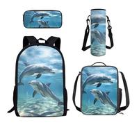 Howilath Set di zaini da calcio e basket, 43 cm, per ragazze e adolescenti, borsa a tracolla, portapranzo, astuccio per bottiglie, 4 in 1, Delfino blu., 17 inch (4PCS Set), Set di zaini per la scuola