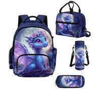 Howilath Set di zaino scolastico e borsa per il pranzo per ragazze da 43,2 cm - Kawaii Kids Elementary Bookbag per ragazze adolescenti, forniture per il rientro a scuola, Drago Blu Fiore, L, Classico