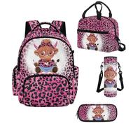 Howilath Set di zaino scolastico e borsa per il pranzo per ragazze da 43,2 cm - Kawaii Kids Elementary Bookbag per ragazze adolescenti, forniture per il rientro a scuola, Mucca Leopard Highland, L