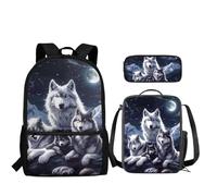 Howilath Set zaino e borsa per il pranzo per bambini per la scuola elementare 3 in 1, Lupo