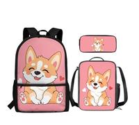 Howilath Set zaino e borsa per il pranzo per bambini per la scuola elementare 3 in 1, Rosa Corgi, moderno