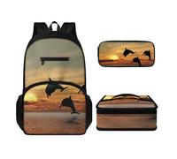 Howilath Set zaino e borsa per il pranzo per bambini, ragazzi e ragazze, 17 pollici, impermeabile, zaino termico per laptop, portapenne, 3 pezzi, Tramonto dei delfini, Zaini Daypack