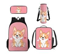 Howilath Zainetto per bambini con portapranzo con portabottiglie e astuccio per ragazze, 4 in 1, Rosa Corgi