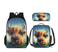 Howilath Zainetto scuola elementare ragazza con portapranzo astuccio, Mucca delle Highland