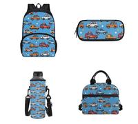Howilath Zaini per bambini, leggero, resistente all'acqua, con portapranzo, set 4 in 1, Auto Blu