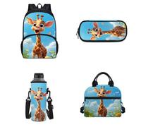 Howilath Zaini per bambini, leggero, resistente all'acqua, con portapranzo, set 4 in 1, Giraffa