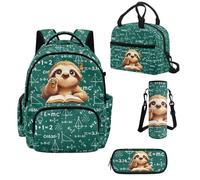 Howilath Zaino da 43,2 cm con borsa per il pranzo per ragazze, 4 pezzi, zaino per la scuola per bambini elementari con astuccio e borsa per bottiglie, Bradipo matematico, L, Classico
