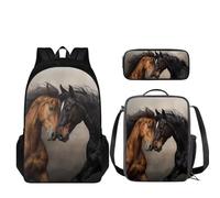 Howilath Zaino per bambini e borsa per il pranzo per ragazze 3 in 1 borsa per la scuola astuccio portapranzo, Cavallo Nero Marrone