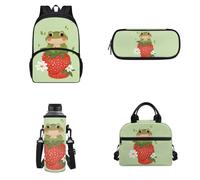 Howilath Zaino per bambini, set da 4 pezzi, zaino per la scuola materna, per ragazze, 43 cm, Fragola Rana Verde