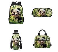Howilath Zaino per bambini, set da 4 pezzi, zaino per la scuola materna, per ragazze, 43 cm, Panda Verde