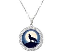Howling Wolf at Moon - Collana da donna con ciondolo rotondo con diamanti, idea regalo per compleanno da uomo, Misura unica, Metallo