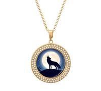 Howling Wolf at Moon - Collana da donna con ciondolo rotondo con diamanti, idea regalo per compleanno da uomo, Misura unica, Metallo