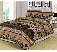 HowPlumb Set copripiumino per letto king size, 3 pezzi, motivo: orso, alce e capanna rustica