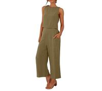 HowQuiw Tuta Donna Elegante Estiva Completo Due Pezzi Senza Maniche In Cotone E Lino Canotta E Pantaloni Lungi Casual Tute Per Il Tempo Libero Con Tasche Leggero Tinta Unità