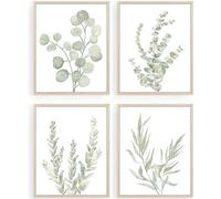 Howwii Stampe artistiche da parete per bagno, stile bohémien, senza cornice, motivo piante verdi salvia per camera da letto, ufficio, stampe artistiche minimaliste con foglie di eucalipto, set di 4