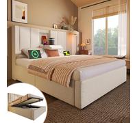 HOXINBLY Letto imbottito singolo 90x200 cm con portabicchiere e stazione di ricarica a scomparsa, letto matrimoniale con vano contenitore sottostante,lino beige (senza materasso)