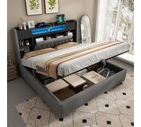 HOXINBLY Letto matrimoniale con contenitore 140x200 cm, Letto imbottito con illuminazione a LED e USB-C, testiera con ripiano e vano contenitore, tessuto di lino, Grigio (materasso non incluso)